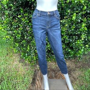 J crew toothpick dark wash tapered leg cropped stretchy mid rise jeans